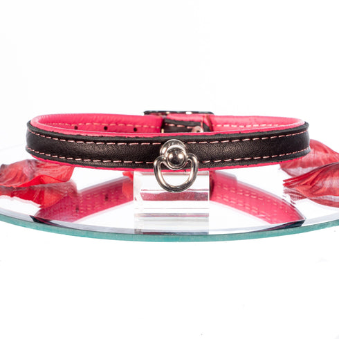 SiaLinda: Halsband echtes Elch Leder mit kl. O-Ring, zweifarbig, schwarz / pink 14 mm breit - SiaLinda.com