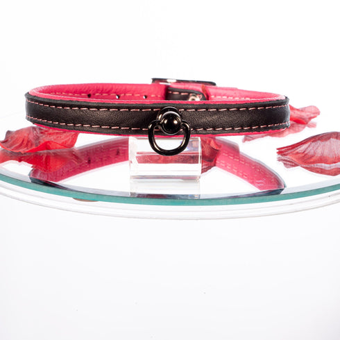 SiaLinda: Halsband echtes Elch Leder mit kl. O-Ring, zweifarbig, schwarz / pink 14 mm breit - SiaLinda.com