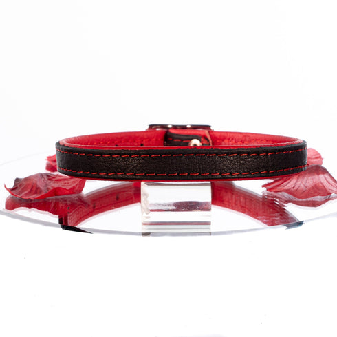 SiaLinda: Halsband echtes Elch Leder mit kl. O-Ring, zweifarbig, schwarz / rot 14 mm breit - SiaLinda.com
