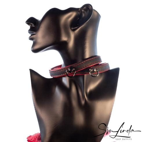 SiaLinda: Halsband echtes Elch Leder mit kl. O-Ring, zweifarbig, schwarz / rot 14 mm breit - SiaLinda.com
