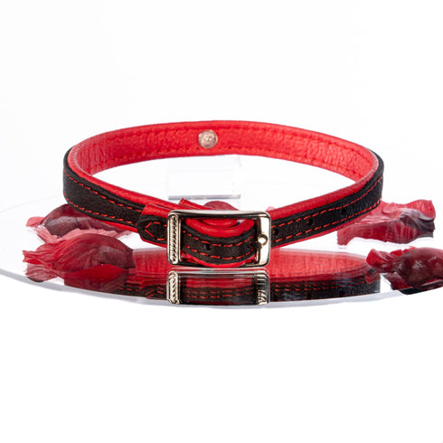 SiaLinda: Halsband echtes Elch Leder mit kl. O-Ring, zweifarbig, schwarz / rot 14 mm breit - SiaLinda.com