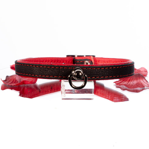 SiaLinda: Halsband echtes Elch Leder mit kl. O-Ring, zweifarbig, schwarz / rot 14 mm breit - SiaLinda.com