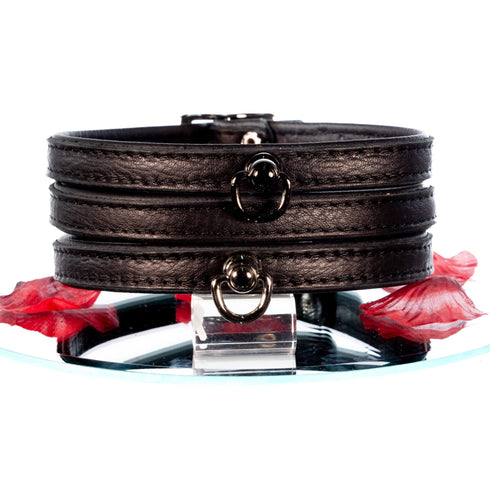 SiaLinda: Halsband echtes Elch Leder mit kl. O-Ring, zweifarbig, schwarz / schwarz 14 mm breit - SiaLinda.com