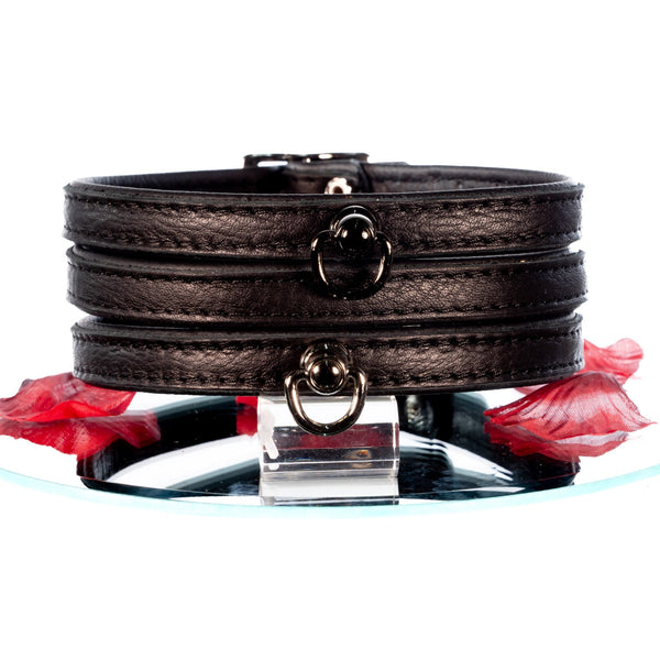 SiaLinda: Halsband echtes Elch Leder mit kl. O-Ring, zweifarbig, schwarz / schwarz 14 mm breit - SiaLinda.com