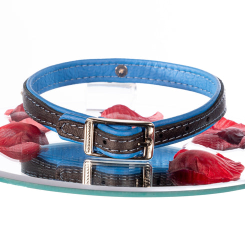 SiaLinda: Halsband echtes Elch Leder mit kleinem O-Ring und Strass, schwarz / blau 14 mm breit - SiaLinda.com