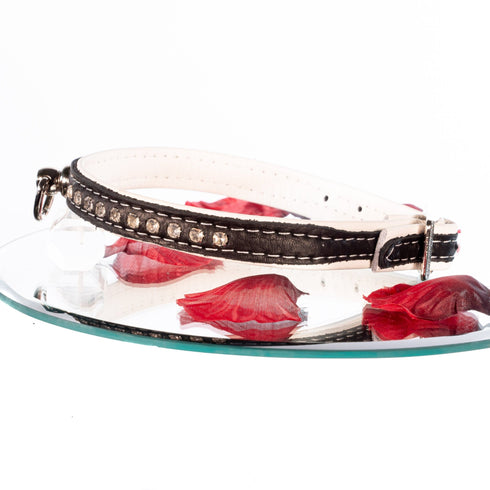 SiaLinda: Halsband echtes Elch Leder mit kleinem O-Ring und Strass, schwarz / weiss 14 mm breit - SiaLinda.com