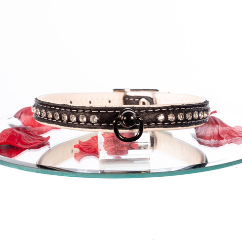 SiaLinda: Halsband echtes Elch Leder mit kleinem O-Ring und Strass, schwarz / weiss 14 mm breit - SiaLinda.com