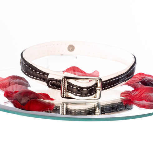 SiaLinda: Halsband echtes Elch Leder mit kleinem O-Ring und Strass, schwarz / weiss 14 mm breit - SiaLinda.com