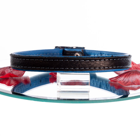 SiaLinda: Halsband echtes Elch Leder mit kleinem O-Ring, zweifarbig, schwarz / blau 14 mm breit - SiaLinda.com