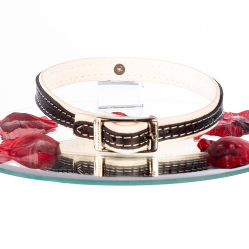 SiaLinda: Halsband echtes Elch Leder mit kleinem O-Ring, zweifarbig, schwarz / weiss 14 mm breit - SiaLinda.com