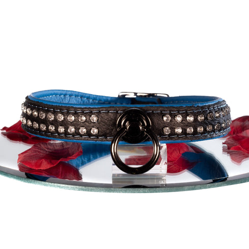 SiaLinda: Halsband echtes Elch Leder mit Strass blau schwarz, gr. O-Ring, 20mm breit - SiaLinda.com