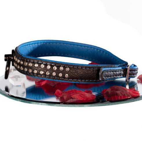 SiaLinda: Halsband echtes Elch Leder mit Strass blau schwarz, gr. O-Ring, 20mm breit - SiaLinda.com