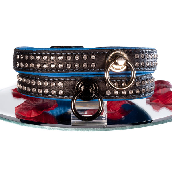 SiaLinda: Halsband echtes Elch Leder mit Strass blau schwarz, gr. O-Ring, 20mm breit - SiaLinda.com