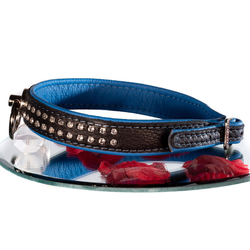 SiaLinda: Halsband echtes Elch Leder mit Strass blau schwarz, gr. O-Ring, 20mm breit - SiaLinda.com