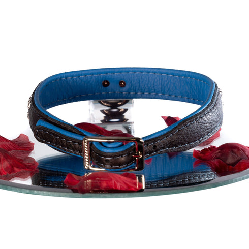 SiaLinda: Halsband echtes Elch Leder mit Strass blau schwarz, gr. O-Ring, 20mm breit - SiaLinda.com