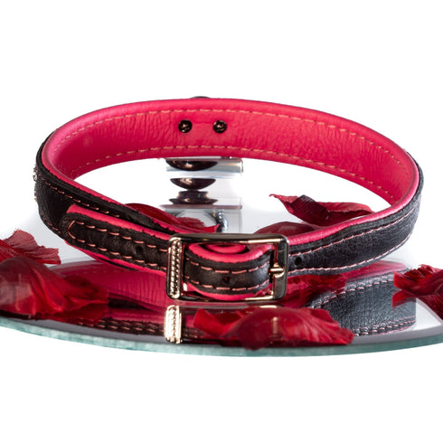 SiaLinda: Halsband echtes Elch Leder mit Strass pink schwarz, gr. O-Ring, 20mm breit - SiaLinda.com