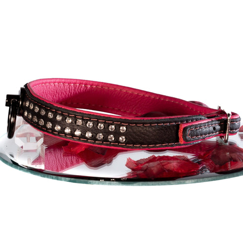 SiaLinda: Halsband echtes Elch Leder mit Strass pink schwarz, gr. O-Ring, 20mm breit - SiaLinda.com