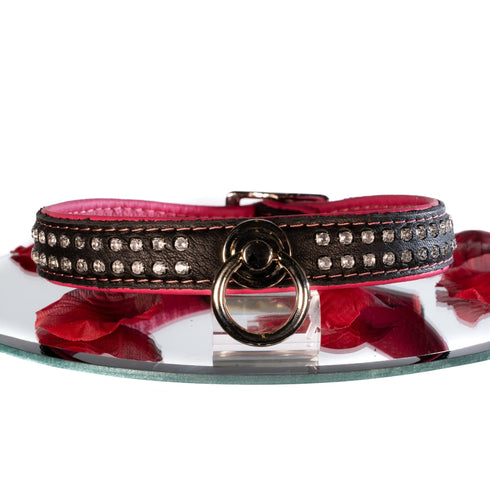 SiaLinda: Halsband echtes Elch Leder mit Strass pink schwarz, gr. O-Ring, 20mm breit - SiaLinda.com