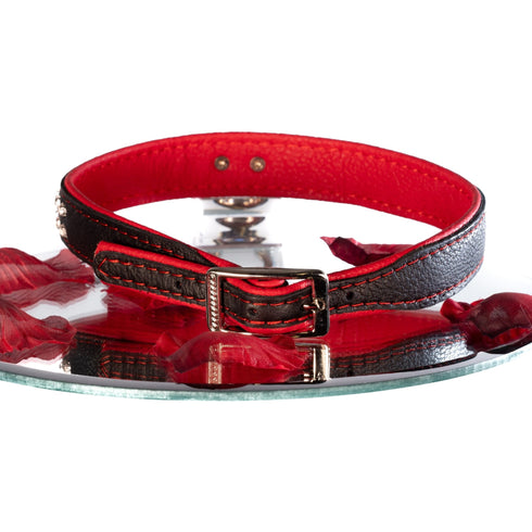 SiaLinda: Halsband echtes Elch Leder mit Strass rot schwarz, gr. O-Ring, 20mm breit - SiaLinda.com