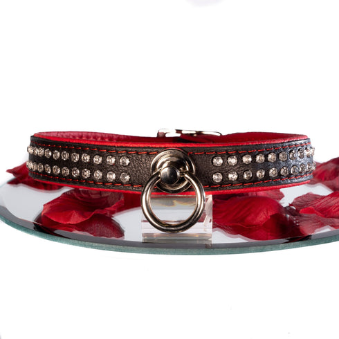 SiaLinda: Halsband echtes Elch Leder mit Strass rot schwarz, gr. O-Ring, 20mm breit - SiaLinda.com