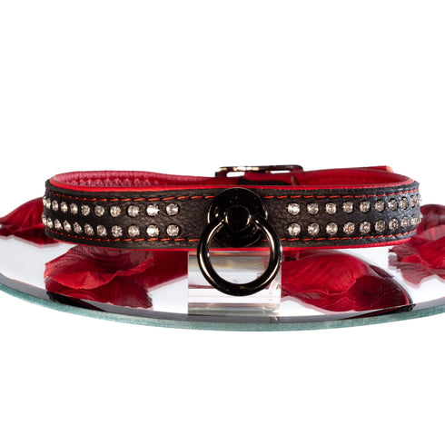 SiaLinda: Halsband echtes Elch Leder mit Strass rot schwarz, gr. O-Ring, 20mm breit - SiaLinda.com
