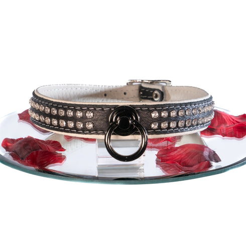 SiaLinda: Halsband echtes Elch Leder mit Strass weiss schwarz, gr. O-Ring, 20mm breit - SiaLinda.com