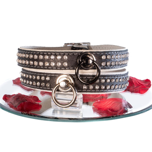SiaLinda: Halsband echtes Elch Leder mit Strass weiss schwarz, gr. O-Ring, 20mm breit - SiaLinda.com