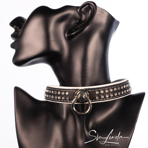 SiaLinda: Halsband echtes Elch Leder mit Strass weiss schwarz, gr. O-Ring, 20mm breit - SiaLinda.com