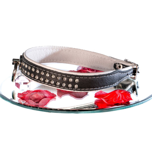 SiaLinda: Halsband echtes Elch Leder mit Strass weiss schwarz, gr. O-Ring, 20mm breit - SiaLinda.com