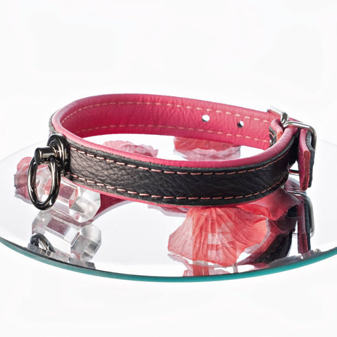 SiaLinda: Halsband echtes Elch Leder zweifarbig, schwarz / pink, 2 Größen, 2 O-Ringe, 20mm breit - SiaLinda.com