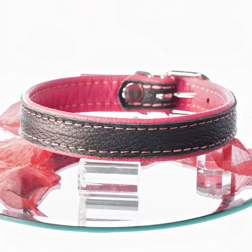 SiaLinda: Halsband echtes Elch Leder zweifarbig, schwarz / pink, 2 Größen, 2 O-Ringe, 20mm breit - SiaLinda.com