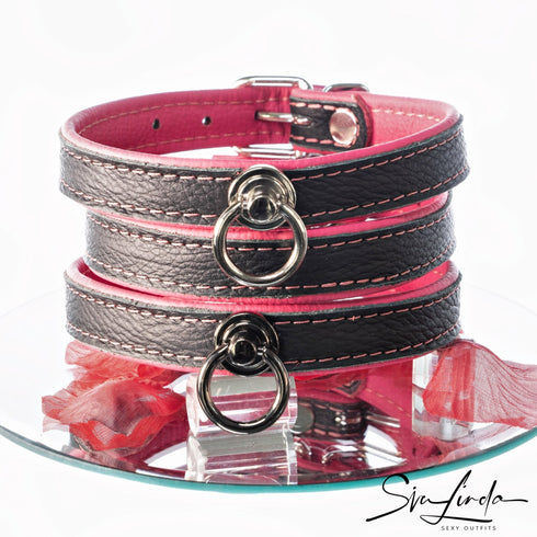 SiaLinda: Halsband echtes Elch Leder zweifarbig, schwarz / pink, 2 Größen, 2 O-Ringe, 20mm breit - SiaLinda.com