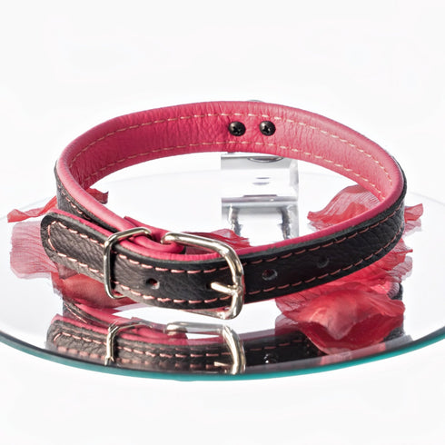 SiaLinda: Halsband echtes Elch Leder zweifarbig, schwarz / pink, 2 Größen, 2 O-Ringe, 20mm breit - SiaLinda.com