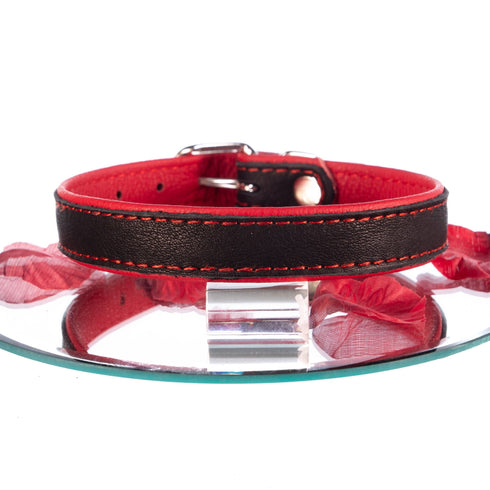 SiaLinda: Halsband echtes Elch Leder, zweifarbig, schwarz / rot, 2 Größen, 2 O-Ringe, 20mm breit - SiaLinda.com
