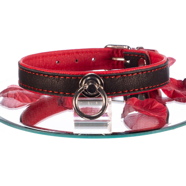 SiaLinda: Halsband echtes Elch Leder, zweifarbig, schwarz / rot, 2 Größen, 2 O-Ringe, 20mm breit - SiaLinda.com