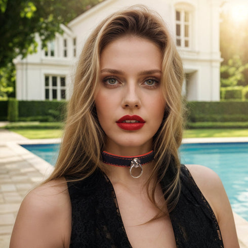 SiaLinda: Halsband echtes Elch Leder, zweifarbig, schwarz / rot, 2 Größen, 2 O-Ringe, 20mm breit - SiaLinda.com