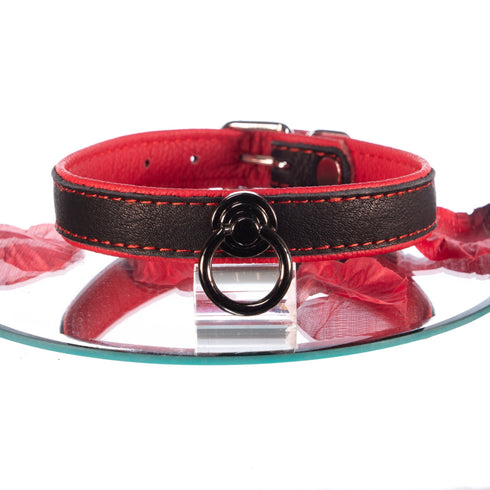 SiaLinda: Halsband echtes Elch Leder, zweifarbig, schwarz / rot, 2 Größen, 2 O-Ringe, 20mm breit - SiaLinda.com