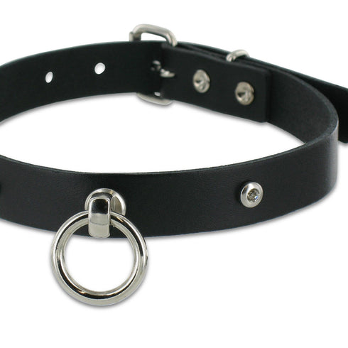 SiaLinda: Halsband echtes Leder schwarz mit 2 Straß - Kristallen und großem O-Ring 20mm, Geschenkverpackung - SiaLinda.com