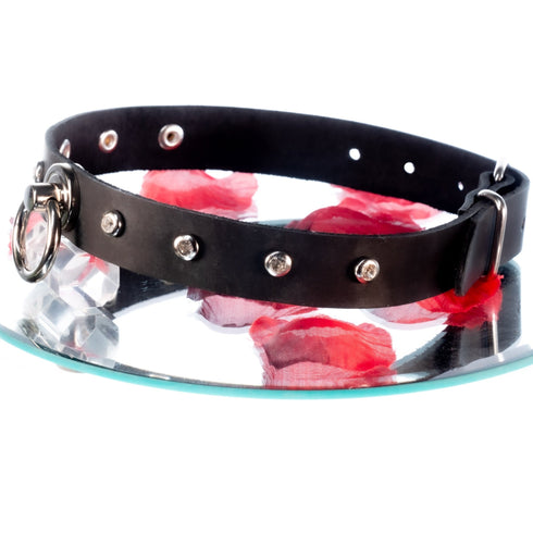 SiaLinda: Halsband echtes Leder schwarz mit transparenten 8 Straß - Kristallen und großem O-Ring 20mm, Geschenkverpackung - SiaLinda.com