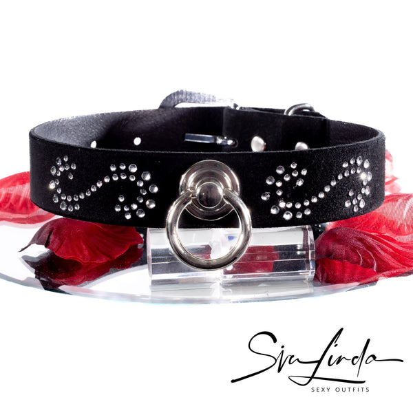 SiaLinda: Halsband Leia Kristall und Ring silber, echt Rinds-Velourleder - SiaLinda.com