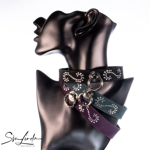 SiaLinda: Halsband Leia lila Kristall und Ring silber, echt Rinds-Velourleder - SiaLinda.com