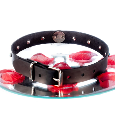 SiaLinda: Halsband Nr. 13 petrol blau - grün 8 Straß Kristalle und großem O-Ring 20mm, echt Leder schwarz - SiaLinda.com