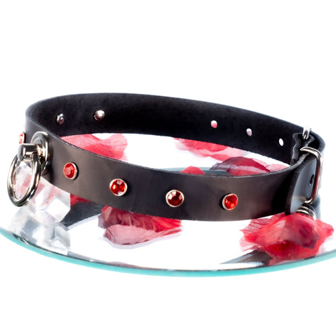 SiaLinda: Halsband Nr. 13 rot 8 Straß Kristalle und großem O-Ring 20mm, echt Leder schwarz - SiaLinda.com
