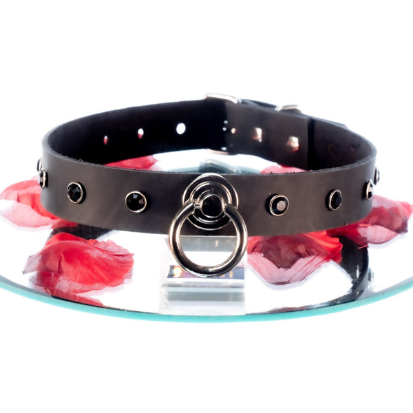 SiaLinda: Halsband Nr. 13 schwarz 8 Straß Kristalle und großem O-Ring 20mm, echt Leder schwarz - SiaLinda.com