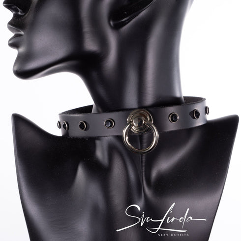 SiaLinda: Halsband Nr. 13 schwarz 8 Straß Kristalle und großem O-Ring 20mm, echt Leder schwarz - SiaLinda.com
