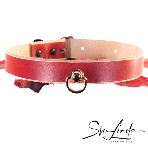 SiaLinda: Halsband Rot Natur, mit O-Ring in gold oder schwarz, Rindsleder, pflanzlich gegerbt - SiaLinda.com