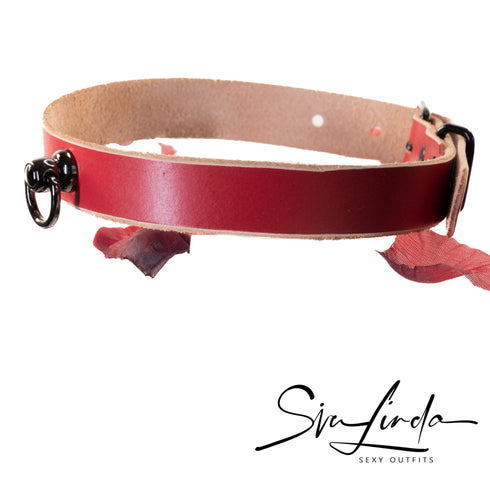 SiaLinda: Halsband Rot Natur, mit O-Ring in gold oder schwarz, Rindsleder, pflanzlich gegerbt - SiaLinda.com