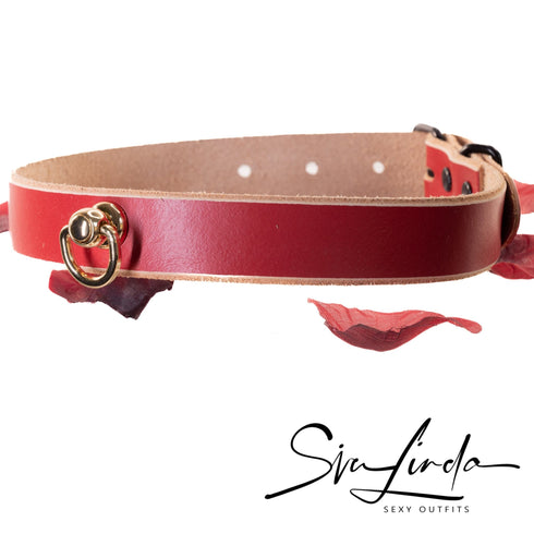 SiaLinda: Halsband Rot Natur, mit O-Ring in gold oder schwarz, Rindsleder, pflanzlich gegerbt - SiaLinda.com