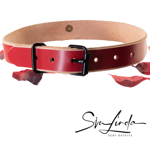 SiaLinda: Halsband Rot Natur, mit O-Ring in gold oder schwarz, Rindsleder, pflanzlich gegerbt - SiaLinda.com