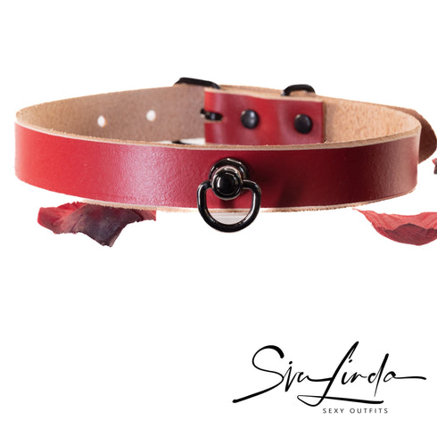 SiaLinda: Halsband Rot Natur, mit O-Ring in gold oder schwarz, Rindsleder, pflanzlich gegerbt - SiaLinda.com
